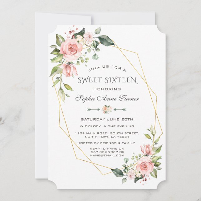 Luxuriöse Rosa Blush Blues Gold Frame 16 . Geburts Einladung (Vorderseite)
