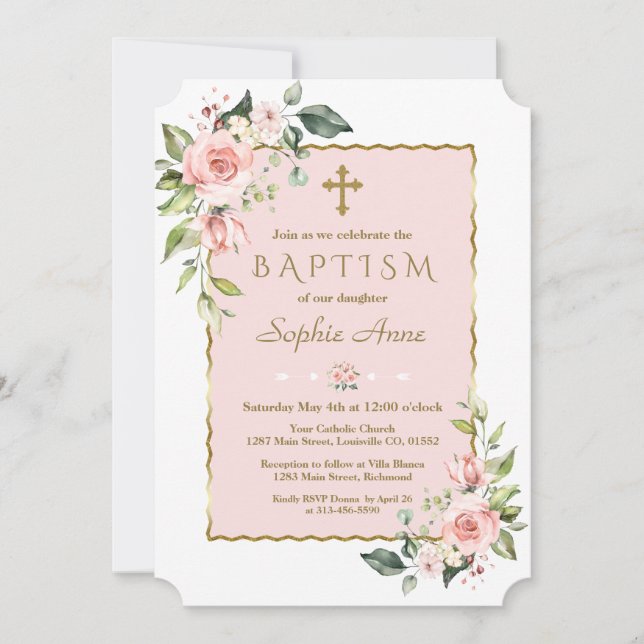Luxuriöse Rosa Blush Blume Gold Cross Taufe Einladung (Vorderseite)