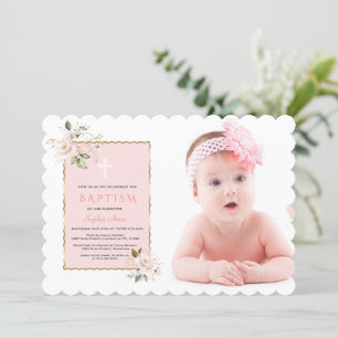 Luxuriöse Rosa Blush Gold Foto Girl Taufe Einladung