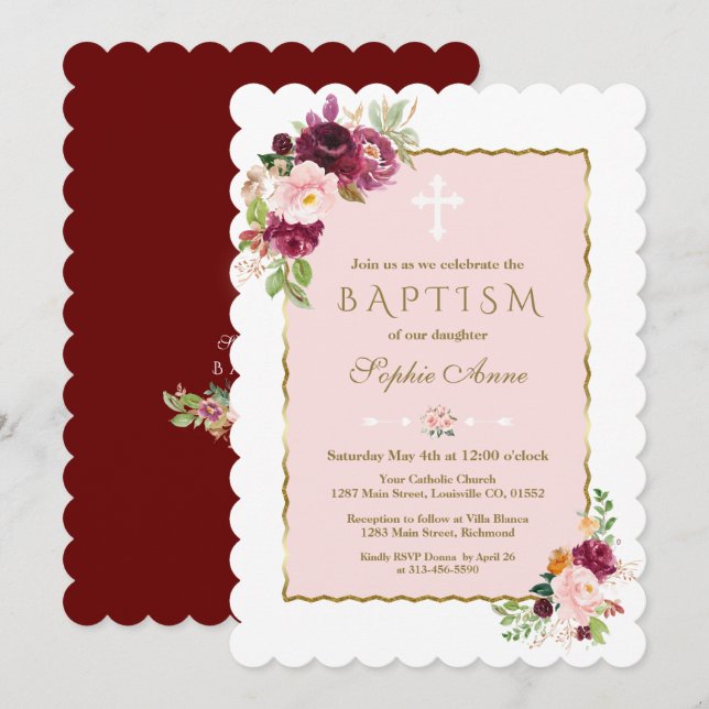 Luxuriöse rosa Burgund Saffron Blume Gold Taufe Einladung (Vorne/Hinten)