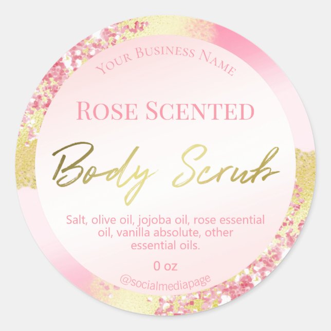 Luxuriöse Rosa Glitzer Gold Tinte Body Scrub Label Runder Aufkleber (Vorderseite)