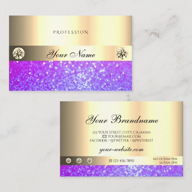 Luxuriöse rosa Lila Glitzer Diamonds Luminous Gold Visitenkarte (Vorne/Hinten)