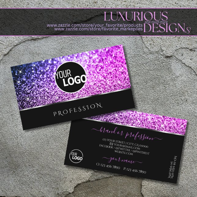 Luxuriöse Rosa Lila Glitzer Stars Schwarzes Logo Visitenkarte (Von Creator hochgeladen)