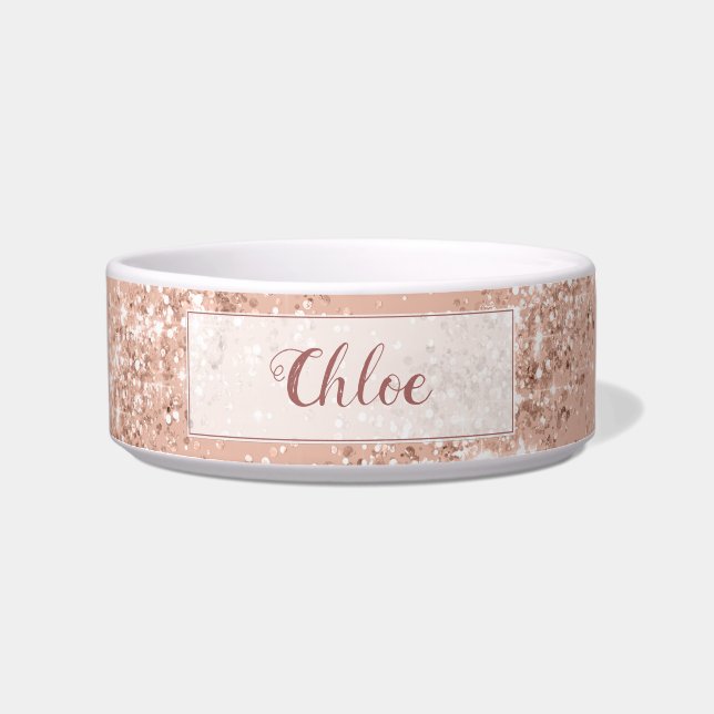 Luxuriöse Rosa Rose Gold Glitzer Monogram Pet Napf (Vorderseite)