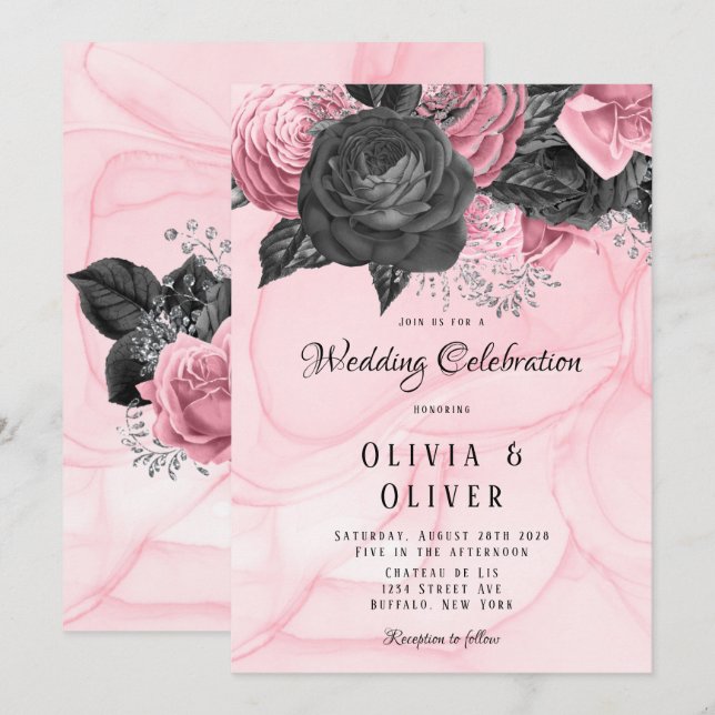 Luxuriöse Rosa und Schwarz-Floral Inking Hochzeit  Einladung (Vorne/Hinten)