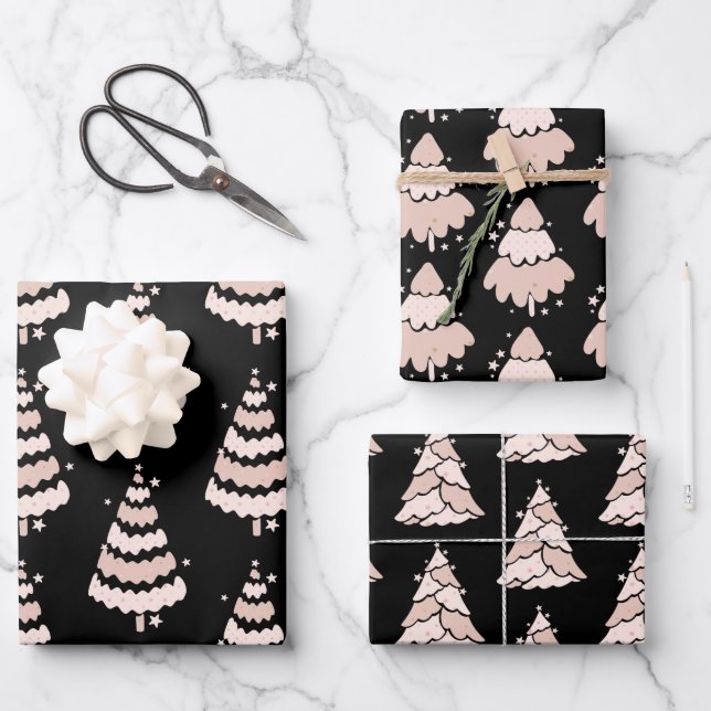 Luxuriöse Rosa Weihnachtsbaummuster Elegant Einfac Geschenkpapier Set (Vorderseite)