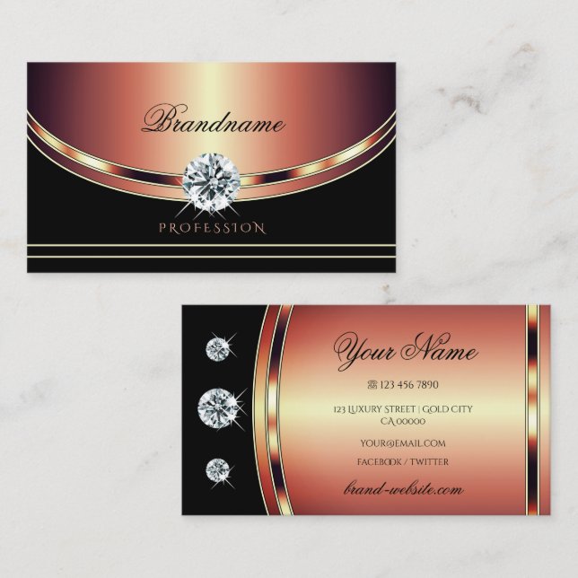 Luxuriöse Rose Gold Black mit glänzenden Diamanten Visitenkarte (Vorne/Hinten)