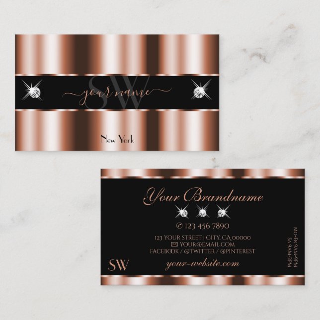 Luxuriöse Rose Gold Black Sparkle Jewels Initials Visitenkarte (Vorne/Hinten)