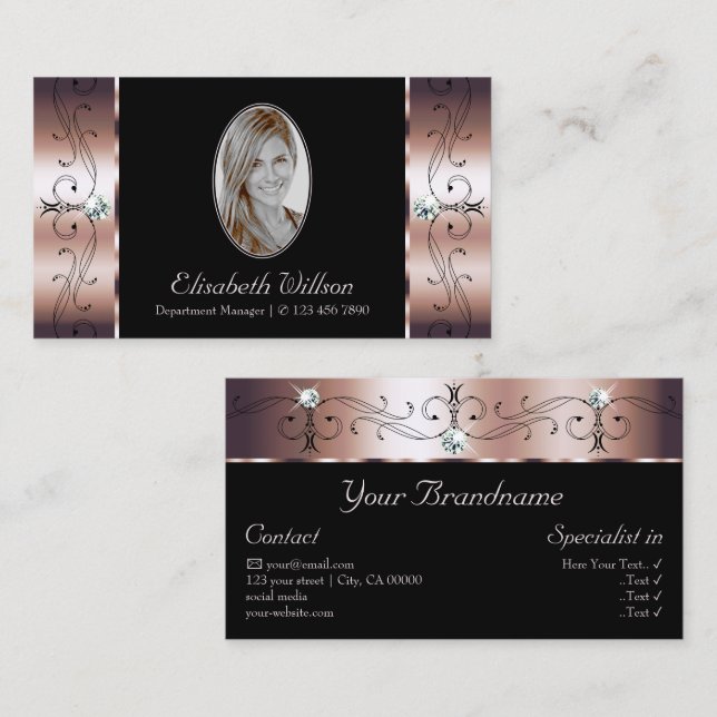 Luxuriöse Rose Gold Black Squiggled Juwelen mit Fo Visitenkarte (Vorne/Hinten)