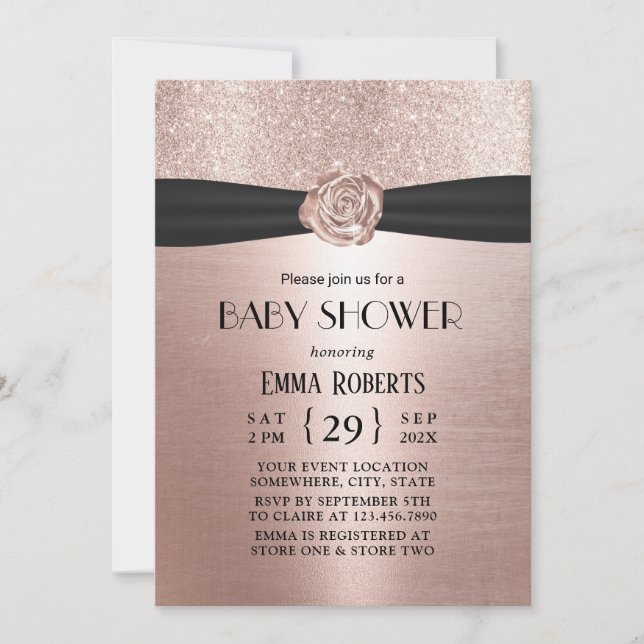 Luxuriöse Rose Gold Blume Black Ribbon Baby Dusche Einladung (Vorderseite)