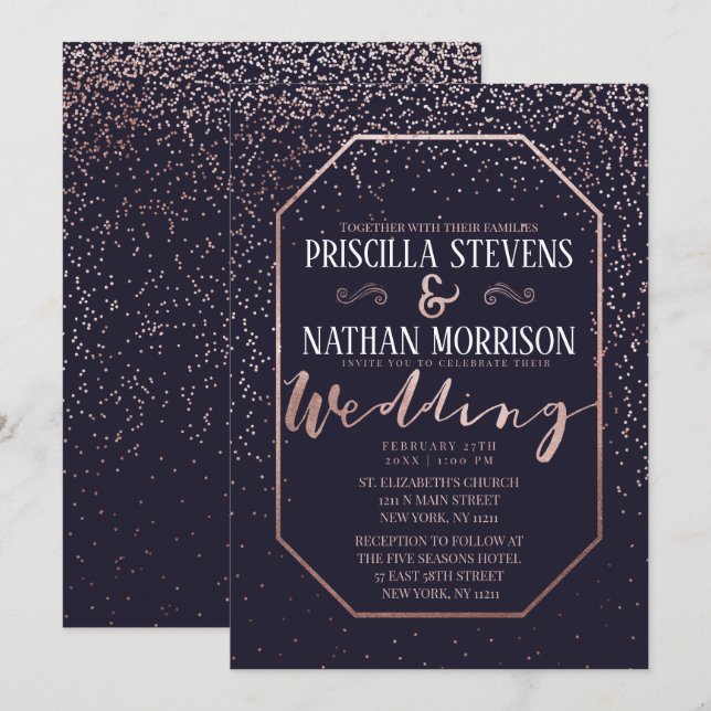 Luxuriöse Rose Gold Confetti Navy Blue Wedding Einladung (Vorne/Hinten)