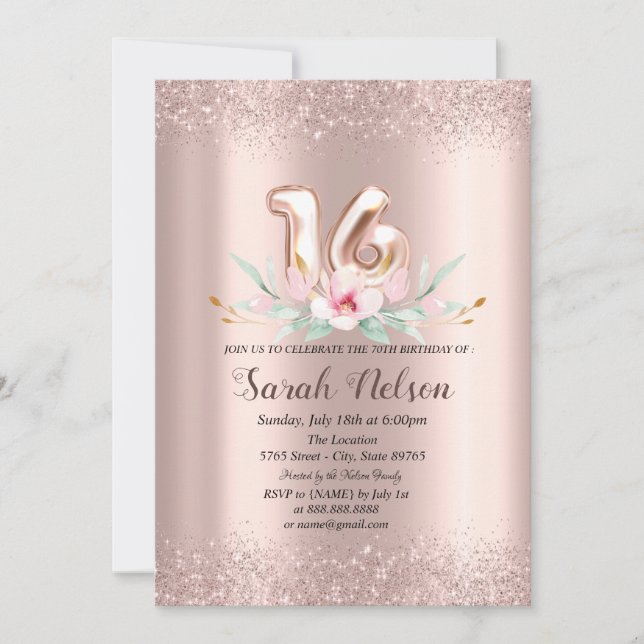 Luxuriöse Rose Gold Glitzer Aquarell Blume 18 Einladung (Vorderseite)