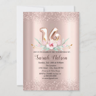 Luxuriöse Rose Gold Glitzer Aquarell Blume 18 Einladung