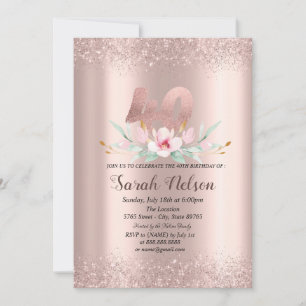 Luxuriöse Rose Gold Glitzer Aquarell Blume 40. Einladung