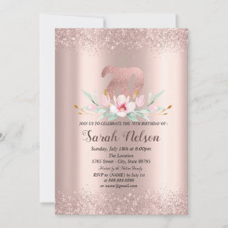 Luxuriöse Rose Gold Glitzer Aquarell Blume 70. Einladung