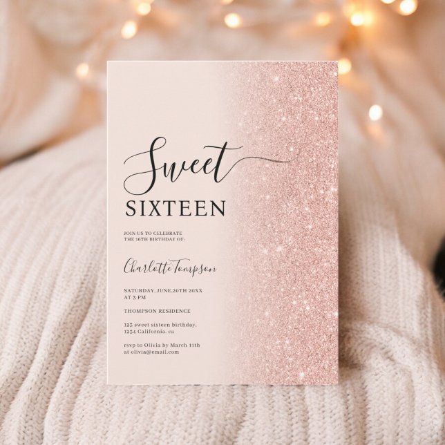 Luxuriöse Rose Gold Glitzer Blush Pink Sweet 16 Einladung (Luxurious Rose Gold Glitter Blush Pink Sweet 16 Invitation)