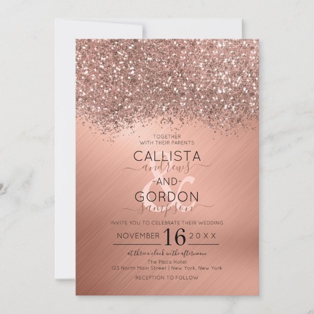 Luxuriöse Rose Gold Glitzer Confetti Metallic Wedd Einladung (Vorderseite)