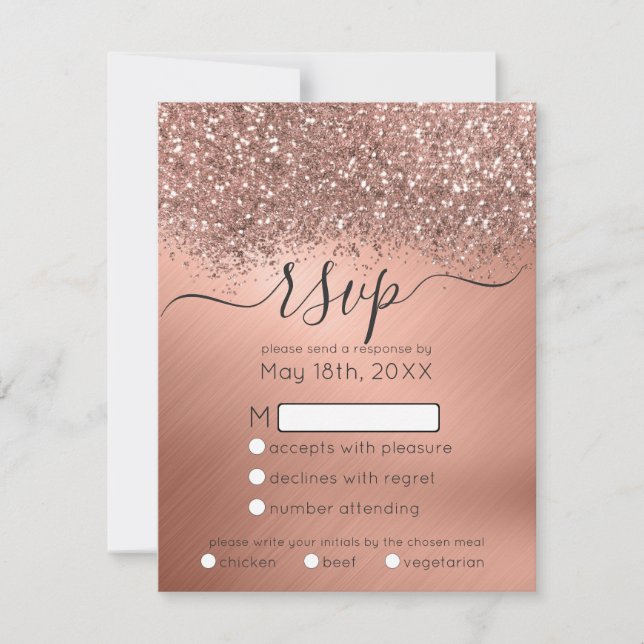 Luxuriöse Rose Gold Glitzer Confetti Metallic Wedd RSVP Karte (Vorderseite)