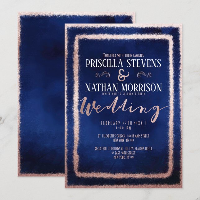 Luxuriöse Rose Gold Glitzer Dust Navy Blue Wedding Einladung (Vorne/Hinten)