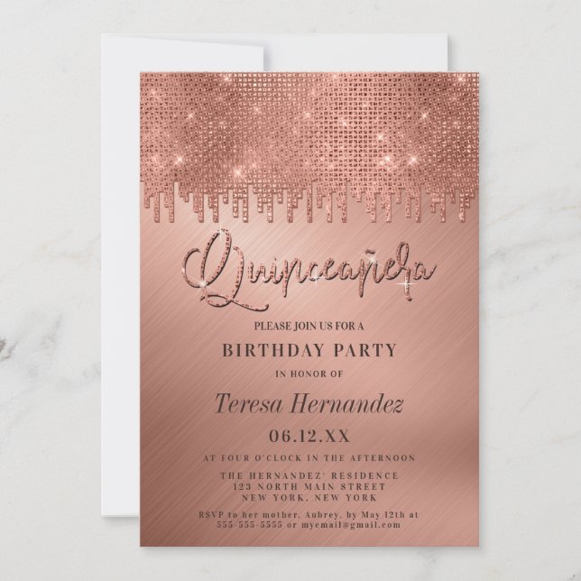 Luxuriöse Rose Gold Glitzer Pixel Quinceañera Einladung (Vorderseite)