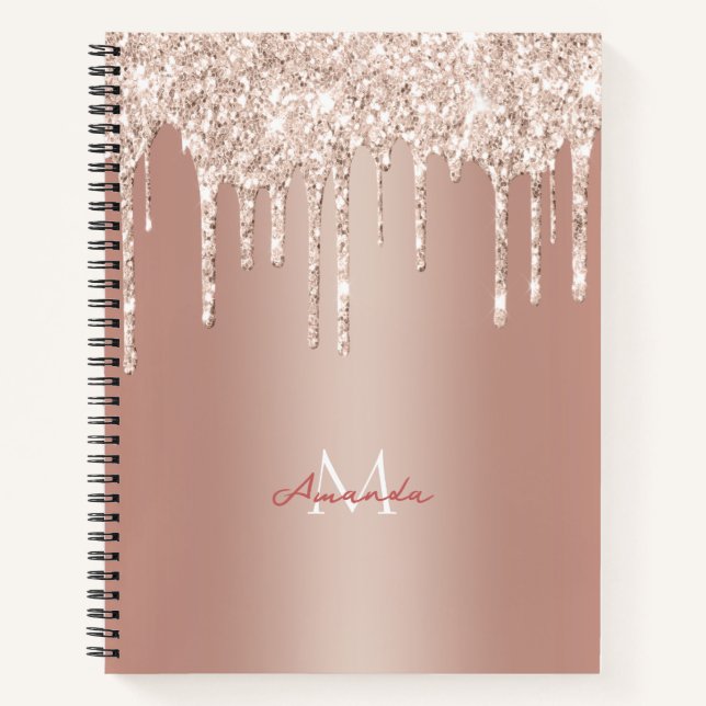 Luxuriöse Rose Gold Glitzer Tropfen mit Name/Monog Notizbuch (Vorderseite)