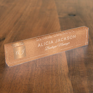 Luxuriöse Rose Gold Kupfer Glitzer Monogramm Namensplakette