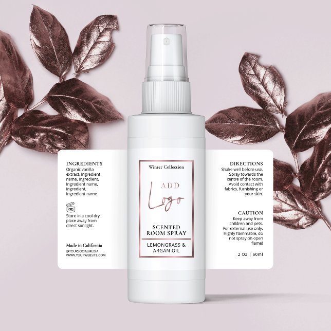 Luxuriöse Rose-Gold-Logo-Room-Sprach-Flaschenetike (Elegant rose gold air freshener spray bottle wrapper labels)
