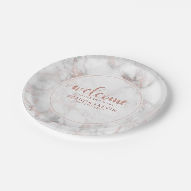 Luxuriöse Rose-Gold Marmor Begrüßungstafel Pappteller (Schrägansicht)