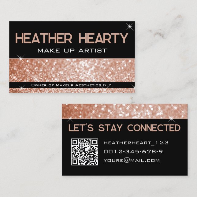 Luxuriöse Rose Gold Peach Pink Glitzer mit QR Code Visitenkarte (Vorne/Hinten)