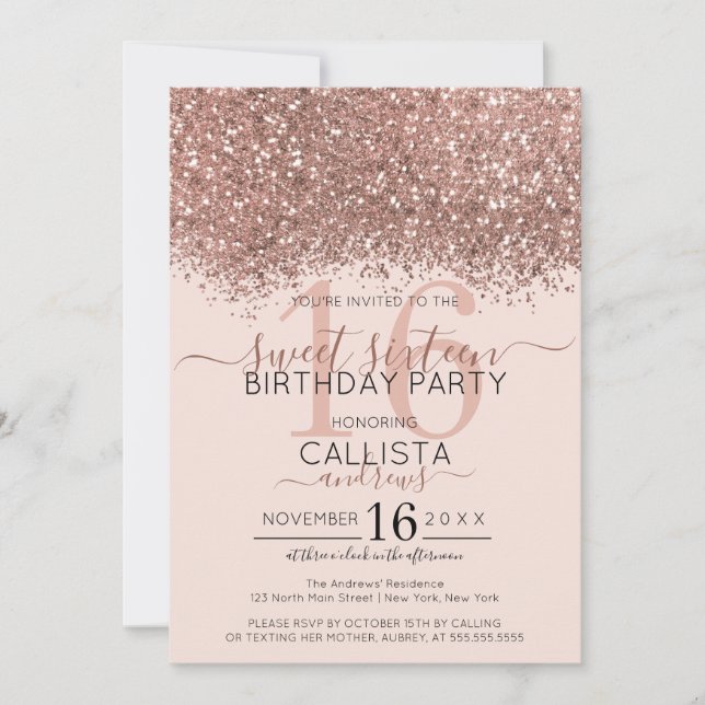 Luxuriöse Rose Gold Pink Glitzer Confetti Sweet 16 Einladung (Vorderseite)