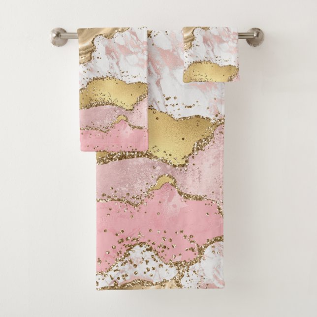Luxuriöse Rose Gold Pink Marmordesign Badhandtuch Set (Insitu)