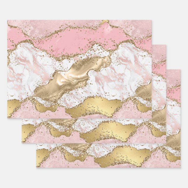Luxuriöse Rose Gold Pink Marmordesign Geschenkpapier Set (Set)
