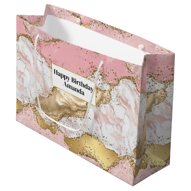 Luxuriöse Rose Gold Pink Marmordesign Große Geschenktüte (Vorderseite Schrägansicht)