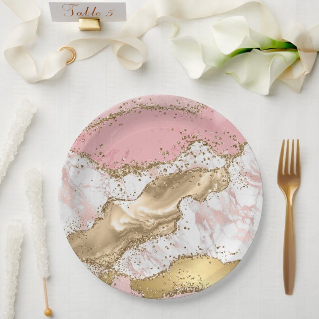 Luxuriöse Rose Gold Pink Marmordesign Pappteller (Hochzeit)