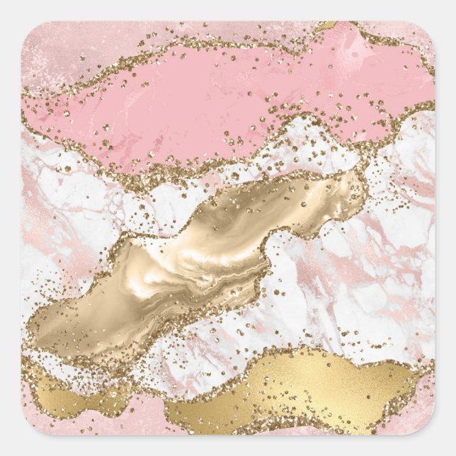 Luxuriöse Rose Gold Pink Marmordesign Quadratischer Aufkleber (Vorderseite)