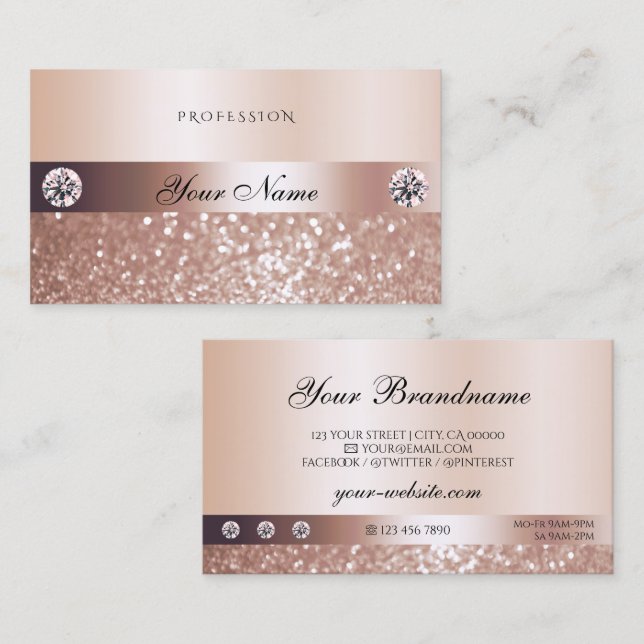 Luxuriöse Rose Gold Sparkling Glitzer und Diamante Visitenkarte (Vorne/Hinten)