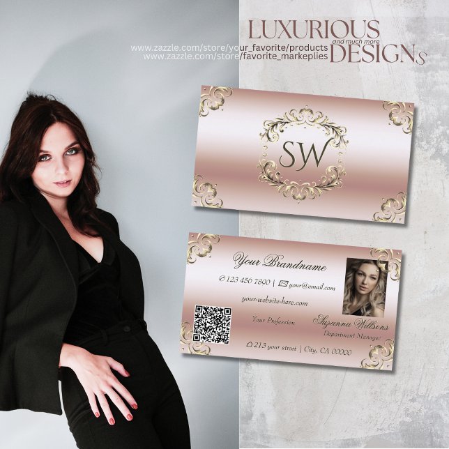 Luxuriöse Rose Gold Verziert Monogram Foto QR Code Visitenkarte (Von Creator hochgeladen)