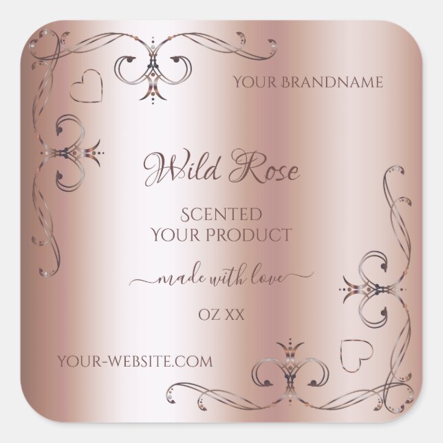 Luxuriöse Rose Golden Product Label Verziert Corne Quadratischer Aufkleber (Vorderseite)