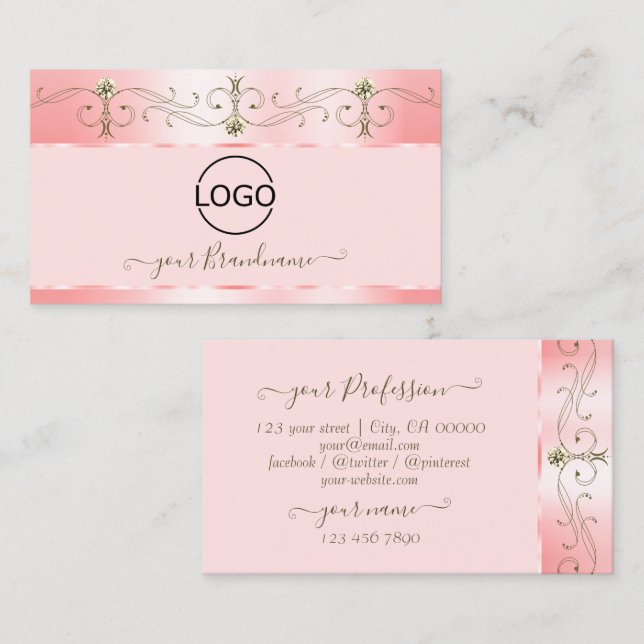 Luxuriöse Rose Rosa Verzierte, glänzende Juwelen m Visitenkarte (Vorne/Hinten)