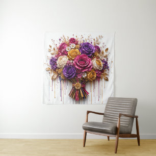Luxuriöse Rosenkunst mit Gold und farbenfrohen Tro Wandteppich
