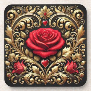 Luxuriöse Rot-Rosen- und Gold-Herz-Kunstwerke Getränkeuntersetzer