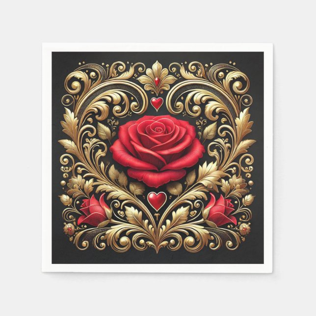 Luxuriöse Rote Rose und Gold Heart Artwork Paper Serviette (Vorderseite)