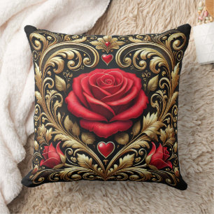 Luxuriöse Rote Rose und Goldene Herzkunst Kissen