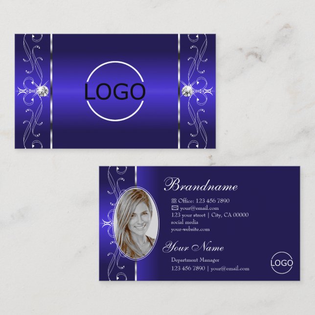 Luxuriöse Royal Blue Squiggled Jewels Logo & Foto Visitenkarte (Vorne/Hinten)