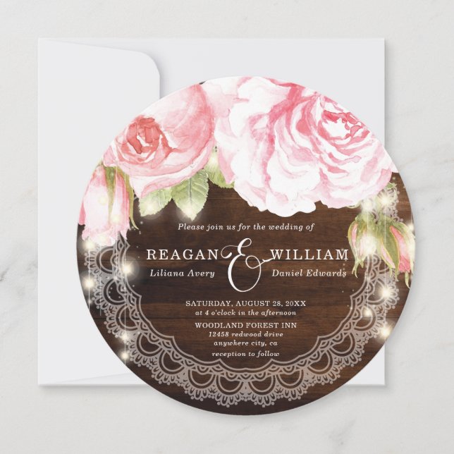 Luxuriöse rustikale Holz-Rose Hochzeit Einladung (Vorderseite)