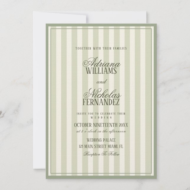 Luxuriöse Sage Grün Gestreifte Hochzeit Einladung (Vorderseite)