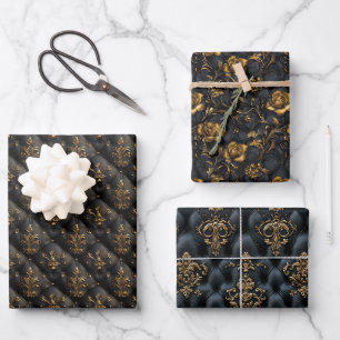 Luxuriöse Schwarz-Gold-Barock-Muster Geschenkpapier Set