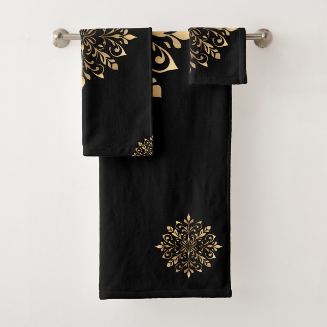 Luxuriöse Schwarz-Gold-Blumen-Ornament Badhandtuch Set (Insitu)
