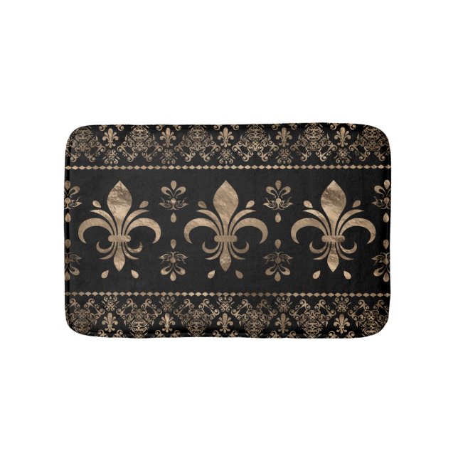 Luxuriöse Schwarz-Gold-Fleur-de-lis-Ornament Badematte (Vorderseite)