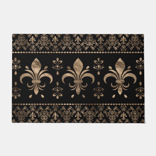 Luxuriöse Schwarz-Gold-Fleur-de-lis-Ornament Fußmatte (Vorderseite)